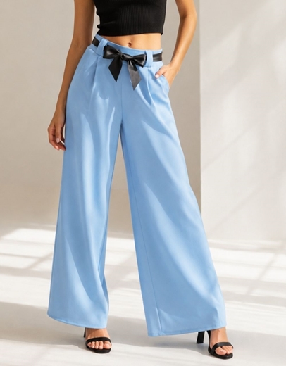Εικόνα της Wide leg παντελόνα με ζώνη Μπλε