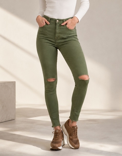 Εικόνα της Skinny παντελόνι τζιν με σκίσιμο στο γόνατο Χακί