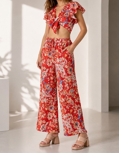 Εικόνα της Boho σετ crop top με παντελόνα Κόκκινο