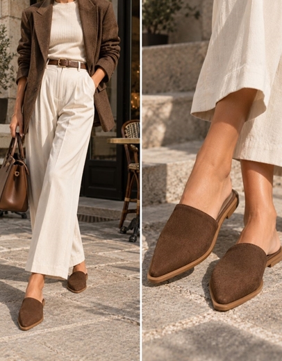 Εικόνα της Δερμάτινα mules suede Ελληνικής Κατασκευής σε μυτερή γραμμή Καφέ