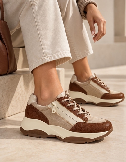 Εικόνα της Γυναικεία sneakers με διπλή σόλα και διακοσμητικό φερμουάρ Καφέ