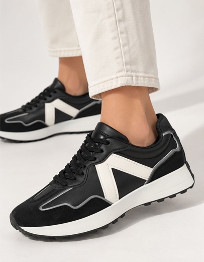 Εικόνα της Γυναικεία sneakers σε απλή γραμμή με σχέδιο στο πλάι Μαύρο
