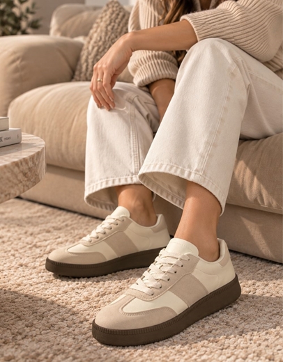Εικόνα της Γυναικεία sneakers με διπλή σόλα και συνδιασμλο υλικών Μπεζ
