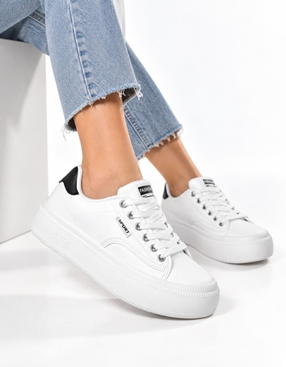 Εικόνα της Sneakers γυναικεια δίπατα με συνδιασμό υλικών Λευκό/Μαύρο