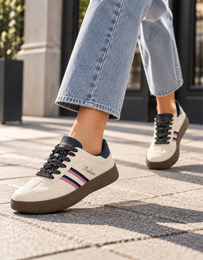 Εικόνα της Sneakers γυναικεια με γραμμικό σχέδιο και διχρωμία Μπεζ