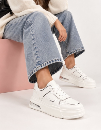 Εικόνα της Γυναικεία sneakers δίσολα σε απλή γραμμή Λευκό/Ασημί